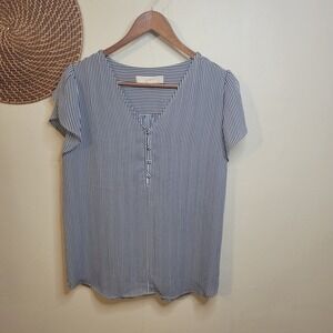 Loft‎ Blouse Black White Verticle Stripe Button V Neck Small